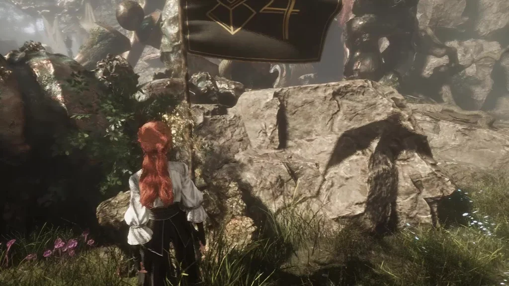 噴水入り口にある第84遠征隊の旗